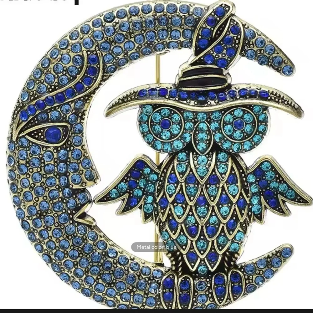 Blue Crystal Moon and Owl Brooch‎